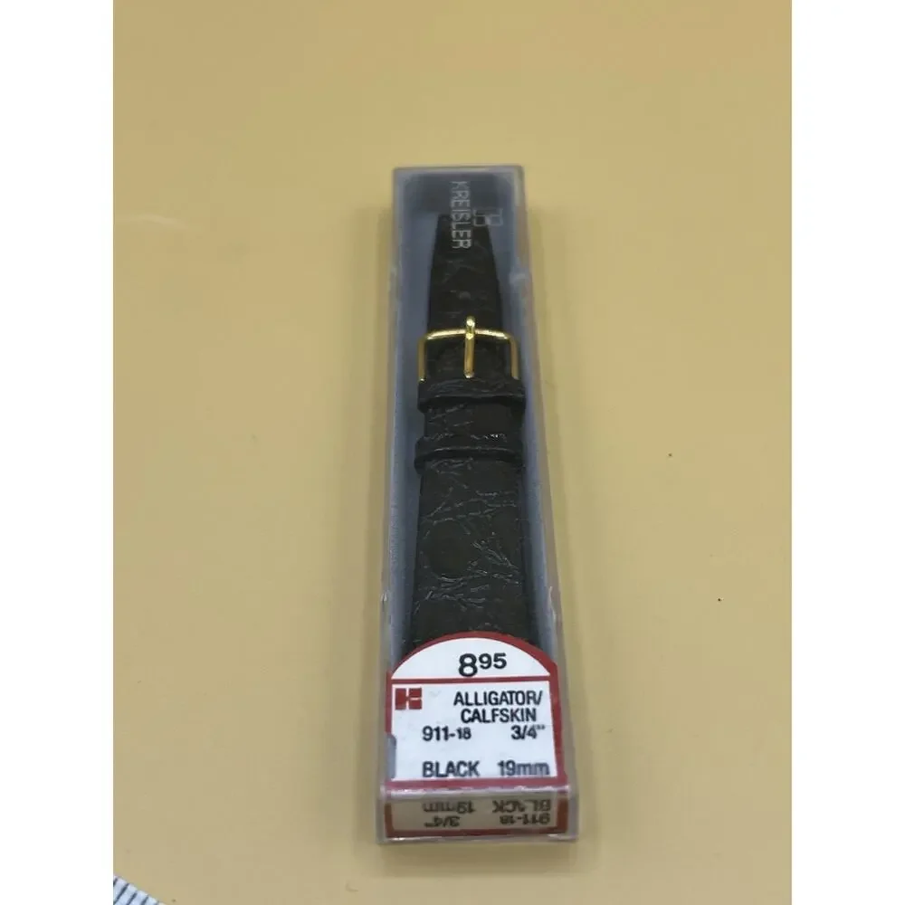 19mm KREISLER Alligator Calfskin Black NOS Vintage Watch Band & Gold-Tone Buckle
